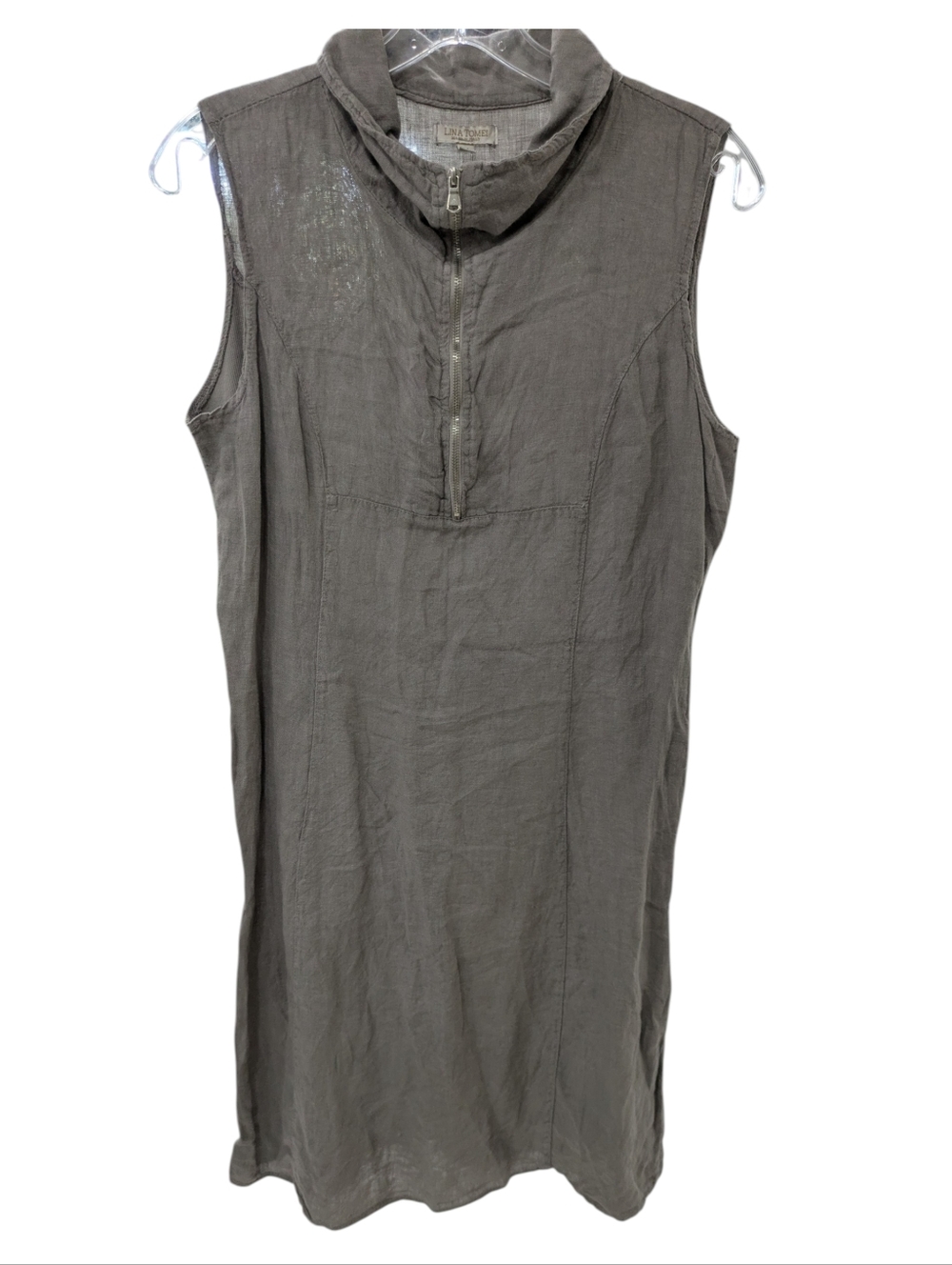 Lina Tomei Italy Sz M Gray Linen 1/4 Zip Sleeveless Sheath Dress  Stretch Panels